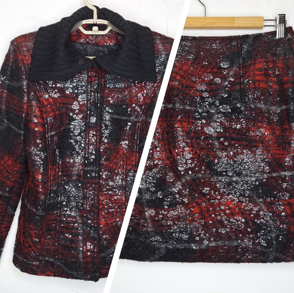 Modee Germany Vtg Skirt Blazer Set‎ 4 Black Red Shimmer Snap Pocket Collar Mini